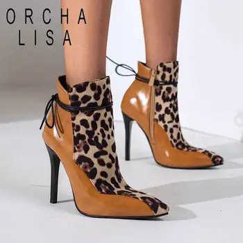 ORCHA LISA Mulheres Ankle Boots Eixo 10cm Fino, Salto Alto 11 cm Apontou Toe Zíper Lace-up Emenda Tamanho Grande 34-48 Misto de Moda Festa