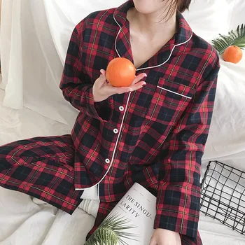 Outono De Novo Manga Longa Pijama Vermelho Grid Mulher De Pijama Conjunto De Loungewear Pj Conjunto De Mulheres Lapelas Confortável E Casual Pijamas De Algodão