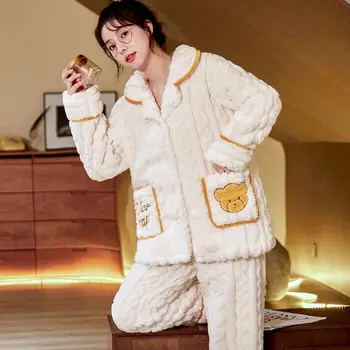 Outono e inverno novo coral de veludo espessamento do pijama feminino terno bonito doce facecloth pode ser usado fora de casa roupas