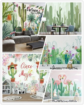 Papel de parede Nórdicos cacto de plantas tropicais, flamingo 3d dos desenhos animados papel de parede mural,sala de estar, quarto de criança decoração da casa