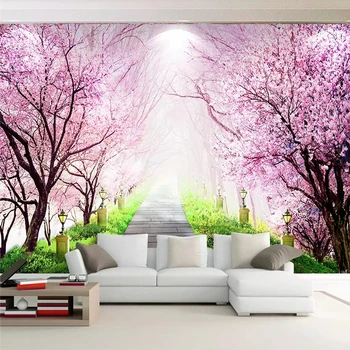 Personalizado 3d papel de parede romântico cereja floresta sofá da sala de TV da família de arte na parede do fundo de seda, materiais à prova d'água