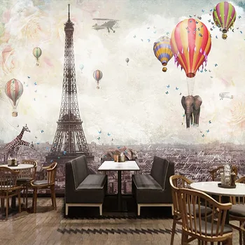 Personalizado com Foto de papel de Parede 3D Retro Balão de Ar Quente Torre de Ferro Mural de Restaurante, Café, Sala de estar de plano de Fundo da Decoração da Parede, Pintura de Parede