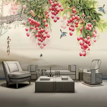 Personalizado com Foto Papéis de parede de Estilo Chinês, pintados à Mão Frutas Pássaro Murais TV da Sala de estar de plano de Fundo de Decoração de Parede de Pano 3D Fresco