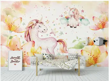 Personalizado mural de fotos em 3d papel de parede Sonho de Pônei Flores, Estrelas, Quarto infantil decoração de papel de parede para parede 3 d na sala de estar