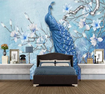 Personalizados em 3D papel de Parede Mural Novo Chinês Socorro Azul Pavão Magnolia Orquídea TV na Parede do Fundo