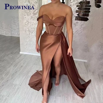 PROWINEA Café Sereia Alto Dividido Vestidos de Noite Vestidos de 2023 Cetim Elegante, Simples e Sexy Para as Mulheres de Festa Feitos Plus Size