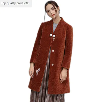 Real QAZXSW Mulheres de Peles de Cashmere Casaco de Lã 2023 Nova Moda de Inverno Bordado de Aves Casacos de Cashmere Abrigos Mujer LH1285