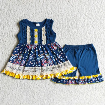 RTS Crianças Roupas de Correspondência batinha Azul Floral Plissado Botão de Alta Qualidade, Rendas de Algodão, Shorts Elegantes Roupas de Menina