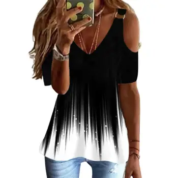 Solta Topo da Moda de Anti-pilling com Decote em V Cor do Gradiente Mulheres Tee Superior Streetwear T-Shirt de Verão T-shirt