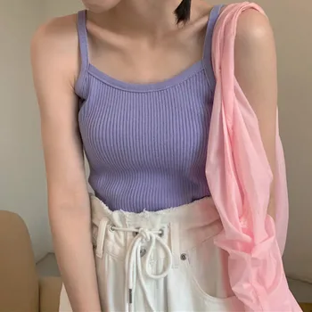 Tanques de Mulheres Superior Candy Color Kawaii Girl Malha Camisole Espartilho Tops Diária de Lazer Assentamento Roupas de Verão para Mulher