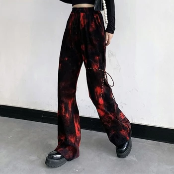 Tie Dye Shopping Gótico Harajuku Mulheres Calças de Grunge, Punk Estética de Perna Larga as Calças Soltas de Streetwear Alt Roupas de Outono
