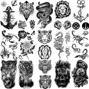 Tigre, Leão Crânio Cobra Tatuagens Temporárias Para As Mulheres, Homens Adultos Escorpião Âncora Flor De Rosa Fake Tattoo Pescoço, Braço, Mãos Pequenas Tatuagens