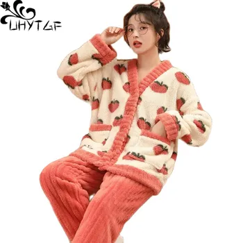 UHYTGF Mulheres Pijama de Manga comprida Coral de Veludo Outono Inverno, Roupa de Duas peças de Conjunto Feminino Casual Home Roupas Pijamas 2534