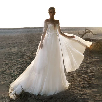 Venda Quente O Pescoço De Casamento De Praia Vestido De Mangas Compridas Pérolas Apliques De Tule Vestido De Noiva Vestidos De Noiva Plus Size