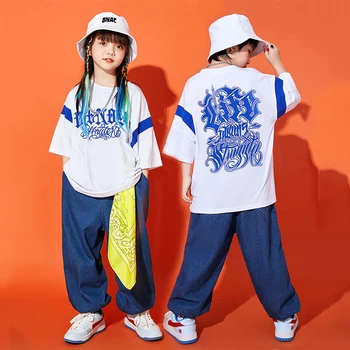 Verão, as Crianças de Hip Hop Roupas de Manga Curta T-Shirt Solta Calças Jeans Meninos Casual de Dança de Rua, Vestir Meninas Prática de Roupas BL8862