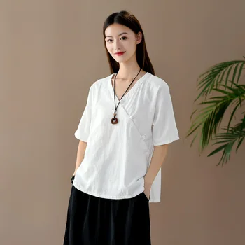 Verão de 2020 novo de algodão e de linho, mulheres Retro do botão de camisa com decote em V cor sólida topo Camisa de Manga Curta