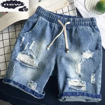 Verão Novo Buraco Ripped Jeans Homens Plus Size 5XL High Street Solta a Cintura Elástica Casual Comprimento do Joelho Shorts Azul