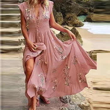 Verão Retrô Estilo Boêmio Mulheres de Vestido Moda de Franjas V-pescoço Festa Casual Floral Soltas de Praia Vestido Longo -40