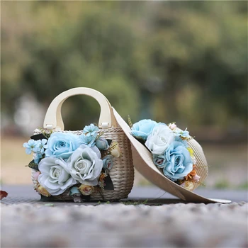 Verão senhoras palha saco de férias à beira-mar da praia do saco mulheres de chapéu de palha com a Onda de Vime saco de 2020 NOVAS feitos à mão flores azuis bolsa