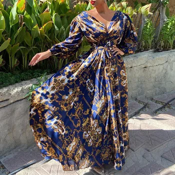 Wepbel Plissado Muçulmano Vestido de Verão do Oriente Médio Azul Impressa de Vestuário Islâmico Manto Abaya Grande Balanço do Vestido Vestido Longo para as Mulheres