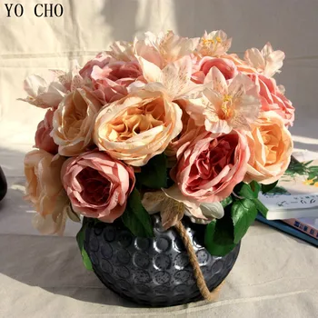 YO CHO Lily Buquês de Flores Artificiais para Casamento de Noiva, Buquê de Flores de Peônia Festa em Casa Jardim Decoração de Fotografia com Adereços Rosas