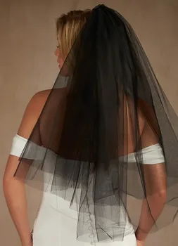 YUNUO Preto Duas Camadas Simples de Casamento de Noiva, Véus com Pente de Metal dos Acessórios do Comprimento do Cotovelo